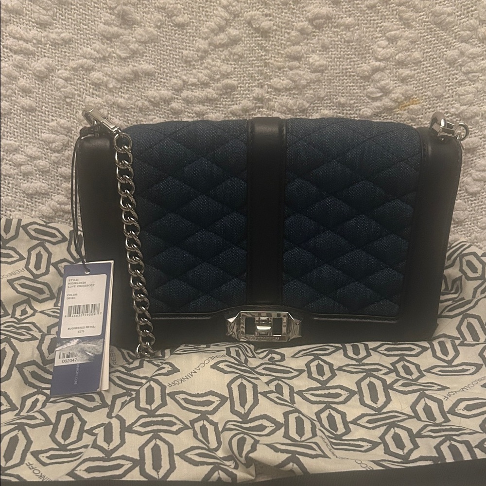 Rebecca Minkoff Denim and Black Leather Love Crossbody Shoulder Bag
